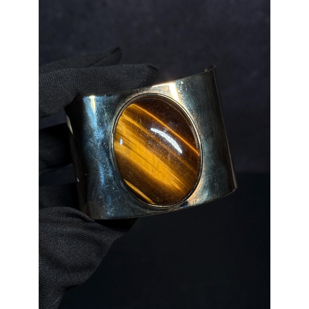Vintage Tiger’s Eye Silvertone Cuff Bracelet Adjustable Size 6.5